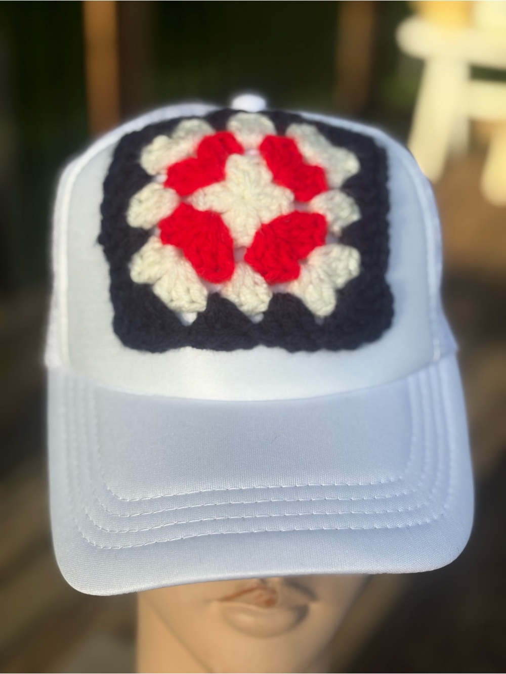 White Trucker Hat with Crochet granny Square. Patriotic - Red, white & Blue